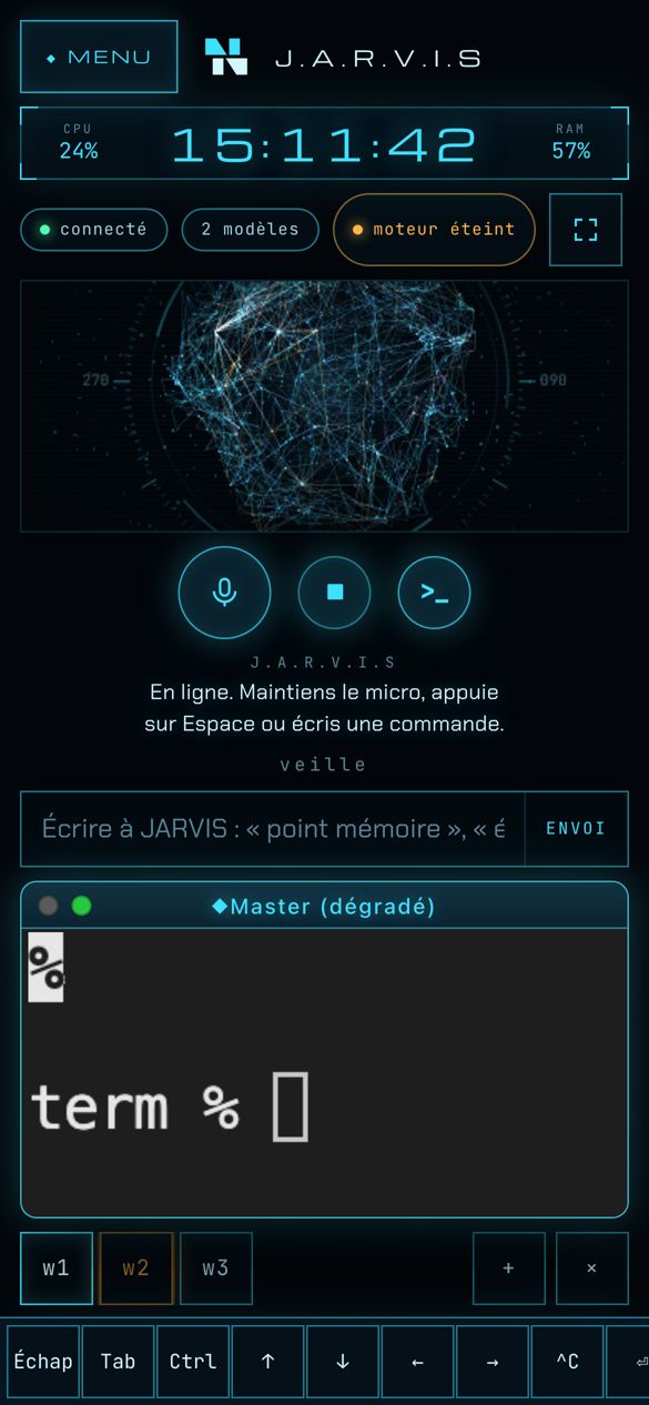 znn-os · JARVIS mobile: graph, voice controls and one terminal tab per agent