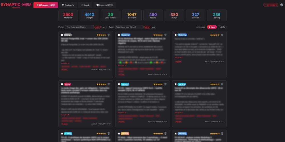 SYNAPTIC-MEM web interface listing memories